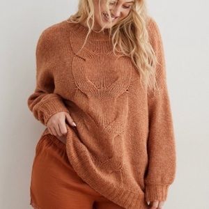 Aerie Happy Place Wool Blend Rust Orange Oversized Cable Knit Sweater Womens S